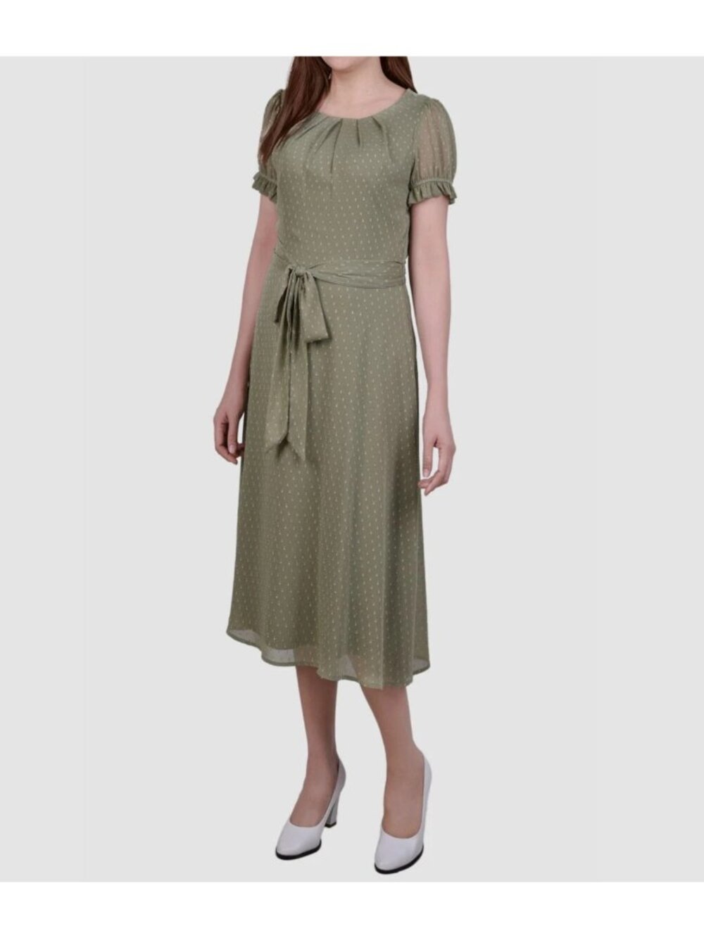 NY Collection Womens Green Swiss Dot A-Line Dress Olive Green Size PM NWT